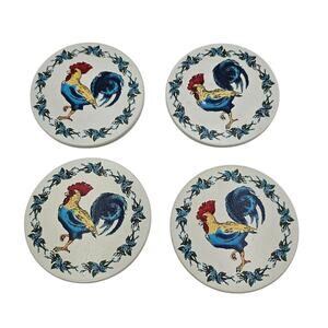 Set of 4 Vintage Drink Coasters Cork Base Chicken Rooster Farmhouse Decor